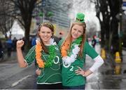 10 February 2013; Ireland supporters Gemma Kerrigan, left, and Heather Andrews from Mullingar, Co. Westmeath, ahead of the game. RBS Six Nations Rugby Championship, Ireland v England, Aviva Stadium, Lansdowne Road, Dublin. Picture credit: Stephen McCarthy / SPORTSFILE