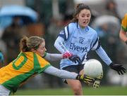 10 February 2013; Siobhan Woods, Dublin, in action against Roisin Friel, Donegal. TESCO HomeGrown Ladies National Football League, Division 1, Round 2, Chanel College, Coolock, Dublin. Picture credit: Pat Murphy / SPORTSFILE