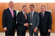 14 February 2013; An Taoiseach Enda Kenny, T.D, with former Galway dual star Alan Kerins, Michael Culhane, left, Chairman, Alan Kerins Projects, and Uachtarán Chumann Lúthchleas Gael Liam Ó Néill, in attendance at the Alan Kerins Projects GAA Charity Match evening gala, sponsored by Liberty Insurance. Croke Park, Dublin. Picture credit: Brendan Moran / SPORTSFILE