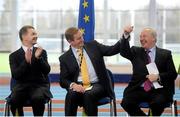 15 February 2013; An Taoiseach Enda Kenny T.D., centre, and Minister of State with Responsibility for Tourism and Sport Michael Ring T.D., in the company of Professor Ciarán Ó Catháin, President of AIT and also President of Athletics Ireland, left, at the official opening of the Athlone Institute of Technology International Arena. Athlone Institute of Technology International Arena, Athlone, Co. Westmeath. Picture credit: Stephen McCarthy / SPORTSFILE