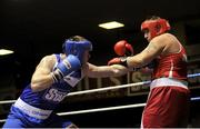 15 February 2013; Dean Gardiner, Clonmel, left, exchanges punches with Sean Turner, Drimnagh, during their 91+kg bout. National Elite Boxing Championships, Semi-Finals, National Stadium, Dublin. Picture credit: Pat Murphy / SPORTSFILE
