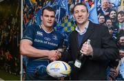 16 February 2013; Leinster's Rhys Ruddock is presented with the Most Valued Player, sponsored by Canterbury, by William Ball, Sales and Marketing Manager, Canterbury. Celtic League 2012/13, Round 15, Leinster v Benetton Treviso, RDS, Ballsbridge, Dublin. Picture credit: Brendan Moran / SPORTSFILE