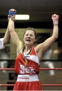 16 February 2013; Hannah Carthy, Paulstown, celebrates victory against Maeve Clarke, Ballinacarrow, in the 49kg final bout. National Elite Boxing Championships, Semi-Finals, National Stadium, Dublin. Picture credit: Pat Murphy / SPORTSFILE