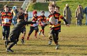 17 February 2013; James O'Dwyer, right, age 6, Lansdowne RFC, Dublin, is tackled by Kyle White, left, age 6, Ashbourne RFC, Co.Meath. Kieran Burke Memorial Rugby Blitz, De La Salle Palmerston RFC, Kilternan,  Co. Dublin. Picture credit: Barry Cregg / SPORTSFILE