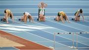 17 February 2013; Sarah Lavin, centre, Emerald A.C., Co. Limerick, prepares for the senior womens 60m Hurdles. Woodie’s DIY AAI Senior Indoor Championships, Athlone Institute of Technology International Arena, Athlone, Co. Westmeath. Picture credit: Tomas Greally / SPORTSFILE