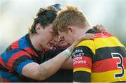 21 February 2013; Ardscoil Ris captain Conor Glynn is consoled after the game by St. Munchin's captain Lee Nicholas. Munster Schools Senior Cup Quarter-Final, Ardscoil Ris v St. Munchin's, Annacotty, Limerick. Picture credit: Diarmuid Greene / SPORTSFILE