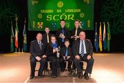 23 February 2013; Uachtarán Chumann Lúthchleas Gael Liam Ó Néill, front left, and Liam Ó Laochdha, front right, Cathaoirleach, Coiste Náisiúnta Scór, with the members of the winning Drumhowan Geraldines, Co Monaghan, team of Eimear Quinn, Conor Quinn, Colm McMahon, Stephen McMahon and Finbarr Brennan after they won the 'Instrumental Music' competition during the All-Ireland Scór na nÓg Championship Finals 2013. The Venue, Limavady Road, Derry. Picture credit: Ray McManus / SPORTSFILE
