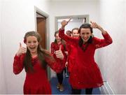 23 February 2013; Boherbue GAA Club, Co Cork, team members Lena Sheahan, left, and Marguerite Hickey, celebrate as they are announced as the winners of the 'Figure Dancing' competition during the All-Ireland Scór na nÓg Championship Finals 2013. The Venue, Limavady Road, Derry. Picture credit: Ray McManus / SPORTSFILE