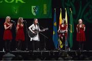 23 February 2013; The eventual winners, Aghamore GAA Club, Co Mayo, team of Michaela Durkin, Méabh Glavey, Sinéad Niland, Mairéad Mooney and Deirdre Durkin, performing in the 'Ballad Group' competition during the All-Ireland Scór na nÓg Championship Finals 2013. The Venue, Limavady Road, Derry. Picture credit: Ray McManus / SPORTSFILE