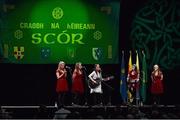 23 February 2013; The eventual winners, Aghamore GAA Club, Co Mayo, team of Michaela Durkin, Méabh Glavey, Sinéad Niland, Mairéad Mooney and Deirdre Durkin, performing in the 'Ballad Group' competition during the All-Ireland Scór na nÓg Championship Finals 2013. The Venue, Limavady Road, Derry. Picture credit: Ray McManus / SPORTSFILE