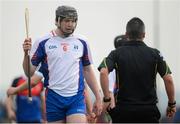 1 March 2013; Declan Hannon, Mary Immaculate College, Limerick, with referee James McGrath, before being shown a straight red card. Irish Daily Mail Fitzgibbon Cup Semi-Final, Waterford Institute of Technology v Mary Immaculate College, Limerick, Carnmore GAA Club, Carnmore, Co. Galway. Picture credit: Diarmuid Greene / SPORTSFILE