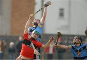 1 March 2013; Seamus Harnedy, University College Cork, in action against William Phelan, and James Gannon, right, University College Dublin. Irish Daily Mail Fitzgibbon Cup Semi-Final, University College Dublin v University College Cork, Carnmore GAA Club, Carnmore, Co. Galway. Picture credit: Diarmuid Greene / SPORTSFILE