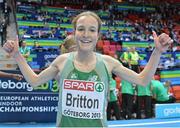 3 March 2013; Ireland's Fionnuala Britton celebrates after winning bronze in the Women's 3000m Final. 2013 European Indoor Athletics Championships, Scandinavium Arena, Gothenburg, Sweden. Picture credit: Brendan Moran / SPORTSFILE