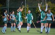 5 March 2013; Mount Anville players Sophie Twomey, left, Sara Twomey, centre, and Ella Fennelly, right, celebrate at the final whistle. Leinster Senior Schoolgirls Cup Final, Mount Anville v Rathdown, Grange Road, Dublin. Picture credit: Brian Lawless / SPORTSFILE