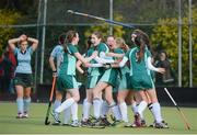 5 March 2013; Mount Anville players celebrate at the final whistle. Leinster Senior Schoolgirls Cup Final, Mount Anville v Rathdown, Grange Road, Dublin. Picture credit: Brian Lawless / SPORTSFILE