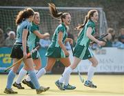 5 March 2013; Patricia McGowan, centre, Mount Anville, celebrates with team-mates Georgina Spillane, right, and Ailbhe Marsh, after scoring her side's first goal. Leinster Senior Schoolgirls Cup Final, Mount Anville v Rathdown, Grange Road, Dublin. Picture credit: Brian Lawless / SPORTSFILE