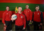 7 March 2013; At the AIB GAA football Senior Club Championship Final press conference are Ballymun Kickhams, Dublin, players, from left, James Burke, Alan Hubbard, Simon Lawlor, and Derek Byrne. Ballymun Kickhams will take on St. Brigid’s, Roscommon, in the AIB GAA Football Senior Championship Final on Sunday 17th March at 3.45pm in Croke Park. Ballymun Kickhams GAA Club, Dublin. Picture credit: Brian Lawless / SPORTSFILE