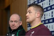 8 March 2013; Ireland captain Jamie Heaslip with head coach Declan Kidney during a press conference ahead of their RBS Six Nations Rugby Championship game against France on Saturday. Ireland Rugby Press Conference, Aviva Stadium, Lansdowne Road, Dublin. Picture credit: Matt Browne / SPORTSFILE