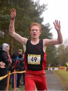 9 March 2013; Sean Tobin, High School Clonmel, Co. Tipperary, celebrates as he crosses the line to win the Senior Boy's 6,500m, at the AVIVA Irish Schools Cross Country Championship 2013. University of Ulster, Jordanstown, Newtownabbey, Co. Antrim. Photo by Sportsfile