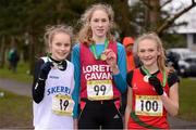 9 March 2013; Clodagh O'Reilly, Loreto College, Cavan, who won the Intermediate Girls 3,500m, with second place Isabel Carron, left, Skerries CC, Co. Dublin, and third place Zoe Carruthers, Friends' School, Lisburn, Co. Down, at the AVIVA Irish Schools Cross Country Championship 2013. University of Ulster, Jordanstown, Newtownabbey, Co. Antrim. Photo by Sportsfile