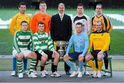 11 March 2013; At a photocall in advance of the quarter-finals of the FAI Junior Cup with Aviva and Umbro on Saturday 23rd and Sunday 24th of March is Kenny Cunningham, FAI Junior Cup Ambassador, with competing players, back row from left, Mark Keane, Carew Park, Limerick, Paddy Brophy, St Kevin's Boys FC, Dublin, Gavin Pender, Pearse Celtic, Cork, and Peter Keighery, Ballinasloe Town FC, with front row, from left, Pat Mullins, Pike Rovers, Limerick, Lee Murphy, Sheriff YC, Dublin, John Meleady, Kilbarrack United, Dublin and David Conroy, Ballymun United, Dublin. Photocall ahead of FAI Junior Cup Quarter-Final with Aviva and Umbro, Aviva Stadium, Lansdowne Road, Dublin. Picture credit: Brendan Moran / SPORTSFILE