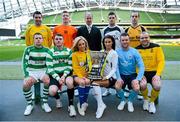 11 March 2013; At a photocall in advance of the quarter-finals of the FAI Junior Cup with Aviva and Umbro on Saturday 23rd and Sunday 24th of March are Kenny Cunningham, FAI Junior Cup Ambassador, models Nicola Hughes and Adrienne Murphy with competing players, back row from left, Mark Keane, Carew Park, Limerick, Paddy Brophy, St Kevin's Boys FC, Dublin, Gavin Pender, Pearse Celtic, Cork, and Peter Keighery, Ballinasloe Town FC, with front row, from left, Pat Mullins, Pike Rovers, Limerick, Lee Murphy, Sheriff YC, Dublin, John Meleady, Kilbarrack United, Dublin and David Conroy, Ballymun United, Dublin. Photocall ahead of FAI Junior Cup Quarter-Final with Aviva and Umbro, Aviva Stadium, Lansdowne Road, Dublin. Picture credit: Brendan Moran / SPORTSFILE