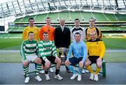 11 March 2013; At a photocall in advance of the quarter-finals of the FAI Junior Cup with Aviva and Umbro on Saturday 23rd and Sunday 24th of March are Kenny Cunningham, FAI Junior Cup Ambassado with competing players, back row from left, Mark Keane, Carew Park, Limerick, Paddy Brophy, St Kevin's Boys FC, Dublin, Gavin Pender, Pearse Celtic, Cork, and Peter Keighery, Ballinasloe Town FC, with front row, from left, Pat Mullins, Pike Rovers, Limerick, Lee Murphy, Sheriff YC, Dublin, John Meleady, Kilbarrack United, Dublin and David Conroy, Ballymun United, Dublin. Photocall ahead of FAI Junior Cup Quarter-Final with Aviva and Umbro, Aviva Stadium, Lansdowne Road, Dublin. Picture credit: Brendan Moran / SPORTSFILE