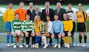 11 March 2013; At a photocall in advance of the quarter-finals of the FAI Junior Cup with Aviva and Umbro on Saturday 23rd and Sunday 24th of March are Kenny Cunningham, FAI Junior Cup Ambassador, Paddy McGrath, President, FAI Junior Council, John Delaney, Chief Executive, FAI, Paul Grimes, Ireland Branch Manager, General Insurance, Aviva, and models Nicola Hughes and Adrienne Murphy with competing players, back row from left, Mark Keane, Carew Park, Limerick, Paddy Brophy, St Kevin's Boys FC, Dublin, Gavin Pender, Pearse Celtic, Cork, and Peter Keighery, Ballinasloe Town FC, with front row, from left, Pat Mullins, Pike Rovers, Limerick, Lee Murphy, Sheriff YC, Dublin, John Meleady, Kilbarrack United, Dublin and David Conroy, Ballymun United, Dublin. Photocall ahead of FAI Junior Cup Quarter-Final with Aviva and Umbro, Aviva Stadium, Lansdowne Road, Dublin. Picture credit: Brendan Moran / SPORTSFILE