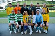 11 March 2013; At a photocall in advance of the quarter-finals of the FAI Junior Cup with Aviva and Umbro on Saturday 23rd and Sunday 24th of March are Kenny Cunningham, FAI Junior Cup Ambassador, Paul Grimes, Ireland Branch Manager, General Insurance, Aviva, and models Nicola Hughes and Adrienne Murphy with competing players, back row from left, Mark Keane, Carew Park, Limerick, Paddy Brophy, St Kevin's Boys FC, Dublin, Gavin Pender, Pearse Celtic, Cork, and Peter Keighery, Ballinasloe Town FC, with front row, from left, Pat Mullins, Pike Rovers, Limerick, Lee Murphy, Sheriff YC, Dublin, John Meleady, Kilbarrack United, Dublin and David Conroy, Ballymun United, Dublin. Photocall ahead of FAI Junior Cup Quarter-Final with Aviva and Umbro, Aviva Stadium, Lansdowne Road, Dublin. Picture credit: Brendan Moran / SPORTSFILE