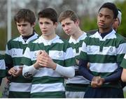 13 March 2013; Feddie Morris, third from left, St. Columba’s, and his team-mates show their disappointment after the match. Leinster Schools Duff Cup Final, St. Patrick’s Classical School Navan v St. Columba’s, Anglesea Road, Dublin. Picture credit: Brian Lawless / SPORTSFILE