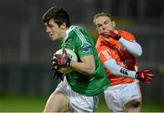 13 March 2013; Niall Shannon, Fermanagh, in action against Ryan Rafferty, Armagh. Cadbury Ulster GAA Football Under 21 Championship, Round 1, Fermanagh v Armagh, Brewster Park, Enniskillen, Co. Fermanagh. Picture credit: Oliver McVeigh / SPORTSFILE