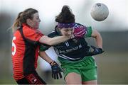 16 March 2013; Anna Fitzgibbon, Scoil Críost Rí, in action against Caoimhe Smith, Virginia College. Tesco HomeGrown Post Primary School Senior C Final, Scoil Críost Rí, Portlaoise, Co. Laois v Virginia College, Virginia, Co. Cavan, Kinnegad, Co. Westmeath. Picture credit: David Maher / SPORTSFILE