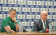 16 March 2013; Ireland captain Jamie Heaslip, left, and head coach Declan Kidney during the post match press conference after the game. RBS Six Nations Rugby Championship, Italy v Ireland, Stadio Olimpico, Rome, Italy. Picture credit: Brendan Moran / SPORTSFILE