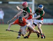 16 March 2013; Derek McDonnell, left and Ciaran Finn, Mayo, in action against John Corvan, Armagh. Allianz Hurling League, Division 2B, Mayo v Armagh, Elverys MacHale Park, Castlebar, Co. Mayo. Picture credit: David Maher / SPORTSFILE