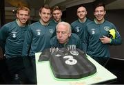 17 March 2013; It was an extra special St.Patrick's day for Ireland manager Giovanni Trapattoni as he was presented with a giant birthday cake from sponsors Three. The manager, whose birthday falls on the same day as the patron saint, celebrated with the Irish squad, who are currently in training at Portmarnock ahead of their crucial 2014 FIFA World Cup, Group C, qualifying game against Sweden on 22nd March. Pictured with manager Giovanni Trapattoni are players, from left, Paul Green, Simon Cox, Jeff Hendrick, Conor Sammon and Sean St.Ledger. Portmarnock Hotel & Golf Links, Portmarnock, Co. Dublin. Picture credit: David Maher / SPORTSFILE