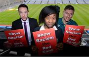 19 March 2013; Grace Oladipo, from Adamstown Community College, Dublin, with former Dublin footballer Barry Cahill, left, and Republic of Ireland footballer Jeff Hendrick, right, in attendance at the launch of a new Educational Pack by Show Racism the Red Card. Show Racism the Red Card Launch New Educational Pack, Croke Park, Dublin. Photo by Sportsfile