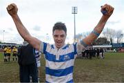 20 March 2013; Winning try scorer Hugo Burke, Blackrock College, celebrates after the final whistle. Powerade Leinster Schools Junior Cup Final, Belvedere College SJ v Blackrock College, Donnybrook Stadium, Donnybrook, Dublin. Picture credit: Brendan Moran / SPORTSFILE