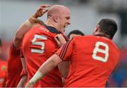 23 March 2013; Paul O'Connell, Munster, is congratulated by team-mates James Coughlan and Sean Dougall, left, after scoring his side's first try. Celtic League 2012/13, Round 18, Munster v Connacht, Musgrave Park, Cork. Picture credit: Diarmuid Greene / SPORTSFILE