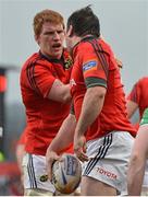 23 March 2013; Damien Varley, Munster, is congratulated by team-mate Sean Dougall after scoring his side's second try. Celtic League 2012/13, Round 18, Munster v Connacht, Musgrave Park, Cork. Picture credit: Diarmuid Greene / SPORTSFILE
