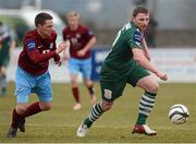 1 April 2013; Denis Behan, Cork City, in action against Brian Gannon, Drogheda United. Airtricity League Premier Division, Drogheda United v Cork City, Hunky Dorys Park, Drogheda, Co. Louth. Picture credit: David Maher / SPORTSFILE