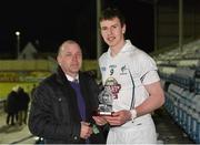 3 April 2013; Sean Hurley, Kildare, receives the Cadbury Hero of the Match Award from Eugene Lawlor, Cadbury Ireland, Customer Business Development Sales Executive, after the final of the Cadbury Leinster GAA Football U21 Championship Final which saw Kildare crowned as the Leinster Champions. O'Moore Park, Portlaoise, Co. Laois. Picture credit: Matt Browne / SPORTSFILE