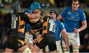 5 April 2013; Kevin McLaughlin, Leinster, is tackled by Marco Wentzel, left, and Joe Simpson, Wasps. Amlin Challenge Cup Quarter-Final 2012/13, London Wasps v Leinster, Adams Park, High Wycombe, England. Picture credit: Brendan Moran / SPORTSFILE