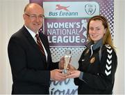 8 April 2013; Wexford Youths Women’s AFC's Lauren Dwyer, from Carlow, is presented with the Bus Éireann Women’s National League Player of the Month Award for March 2013 by Fran Gavin, Director, Bus Éireann National Women's League. FAI Headquarters, Abbotstown, Dublin. Picture credit: Matt Browne / SPORTSFILE