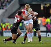 6 April 2013; Luke Marshall, Ulster, is tackled by Brad Barritt, Saracens. Heineken Cup Quarter-Final 2012/13, Saracens v Ulster, Twickenham Stadium, Twickenham, London, England. Picture credit: Brendan Moran / SPORTSFILE