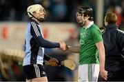 6 April 2013; Liam Rushe, Dublin, and Declan Hannon, Limerick, exchange a handshake after the game. Allianz Hurling League, Division 1B Play-Off, Dublin v Limerick, Semple Stadium, Thurles, Co. Tipperary. Picture credit: Diarmuid Greene / SPORTSFILE