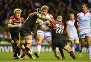 6 April 2013; Andrew Trimble, Ulster, is tackled by Steve Borthwick, left, and Charlie Hodgson, Saracens. Heineken Cup Quarter-Final 2012/13, Saracens v Ulster, Twickenham Stadium, Twickenham, London, England. Picture credit: Brendan Moran / SPORTSFILE