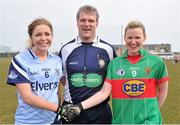 7 April 2013; Dublin captain Sinead Finnegan shakes hands with Mayo captain Fiona McHale alongside referee Des McEnry before the game. TESCO HomeGrown Ladies National Football League, Division 2, Round 7, Dublin v Mayo, Naomh Mearnóg, Portmarnock, Co. Dublin. Picture credit: Barry Cregg / SPORTSFILE