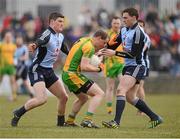 7 April 2013; Anthony Thompson, Donegal, in action against Philip Ryan and Paddy Andrews, Dublin. Allianz Football League, Division 1, Donegal v Dublin, Páirc MacCumhaill, Ballybofey, Co. Donegal. Picture credit: Oliver McVeigh / SPORTSFILE