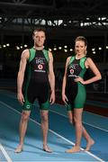 11 April 2013; Age-Group triathlete Oisin McGrath and Age-Group triathlete Carrie McGowan, in attendance at the Triathlon Ireland kit launch. Athlone Institute of Technology Arena, Athlone, Co. Westmeath. Picture credit: Brian Lawless / SPORTSFILE