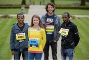 12 April 2013; Elite athletes, from left, Kenenisa Bekele, Ethiopia, Linda Byrne, Ireland, Collis Birmingham, Australia, and Ibrahim Jeilan, Ethiopia, after a SPAR Great Ireland Run 2013 press conference. Over 10,000 adults and children will enjoy a family running day out in the presence of the world's greatest distance runners on Sunday 14th April as the eleventh SPAR Great Ireland Run 10k, SPAR Mini and Junior Great Ireland Runs and SPAR Great Ireland Mile will take over the Phoenix Park in Dublin. Radisson Blu St. Helen's Hotel, Stillorgan, Dublin. Picture credit: Brian Lawless / SPORTSFILE